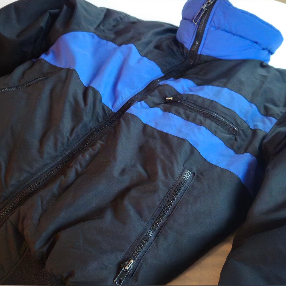 Herman's Jacket Goose Down & Feather Filled Black Blue Large Vtg Retro 80's 90's